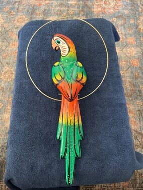 Colorful Parrot Hanging Bird Decor in Green and Orange - Ceramic Pottery